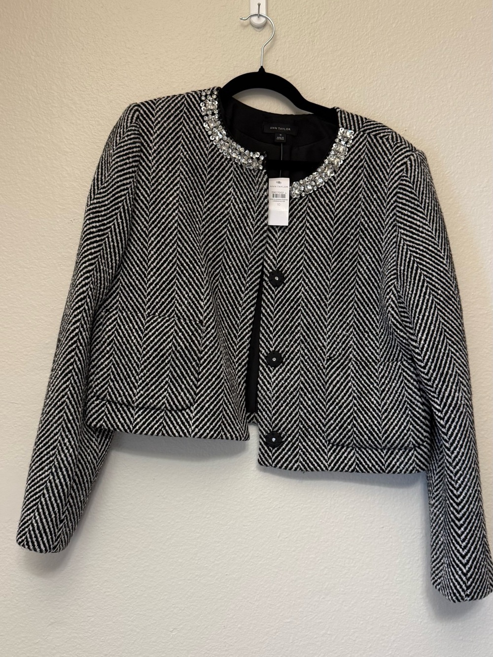 Ann Taylor Black & White Herringbone Jeweled-Neck Cropped Blazer